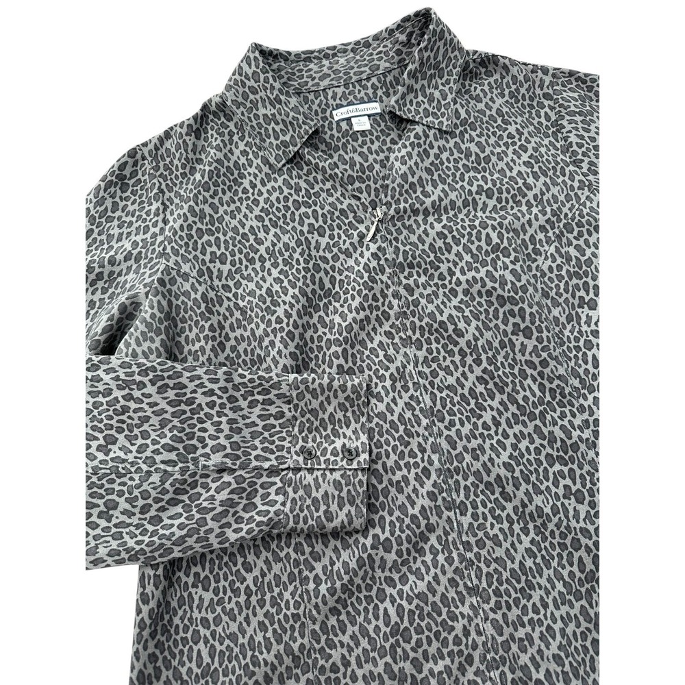 CROFT & BARROW Leopard Print Blouse Gray Faux Suede Women's Large Full Zip Front